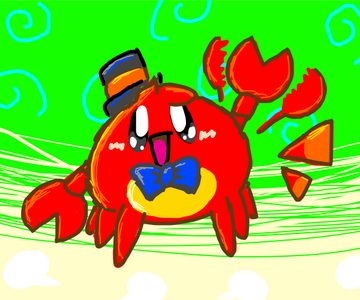 A cute little crab with a bow tie and top hat waving