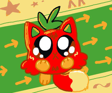 A cat with traits of various fruits in an art style inspired by the web game Curl Up and Fly